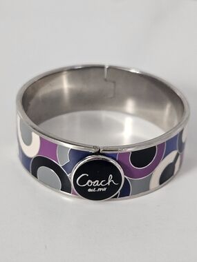 Coach Poppy Hinged Multicolor Enamel Bangle Bracelet in Purple, Blue, Gray
